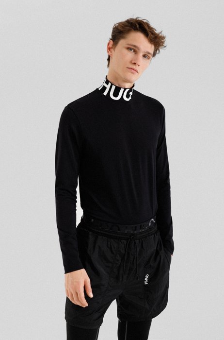 Long-sleeved T-shirt in stretch fabric with logo collar, Black