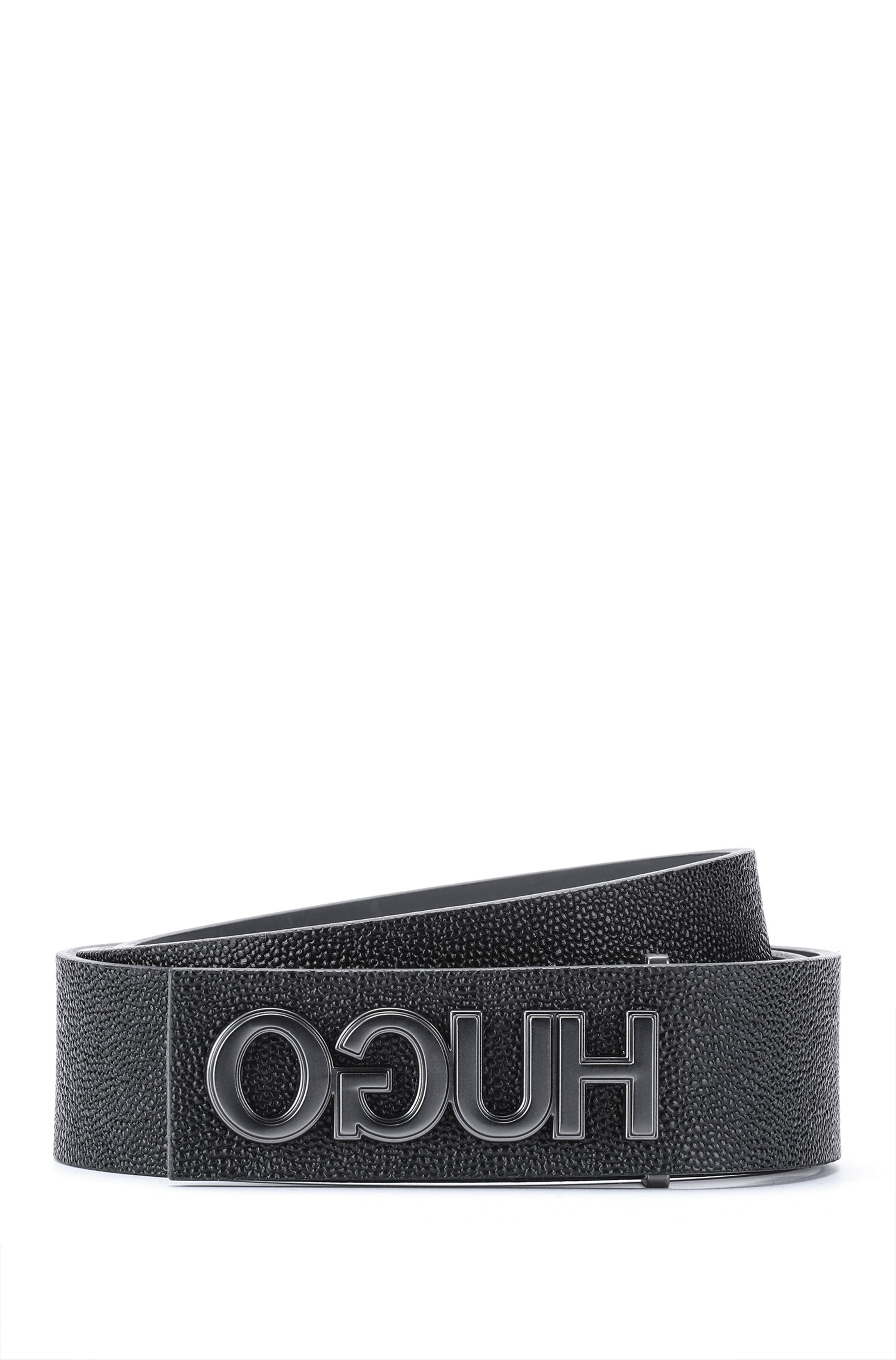 Embossed Italian-leather belt with reversed logo hardware, Black