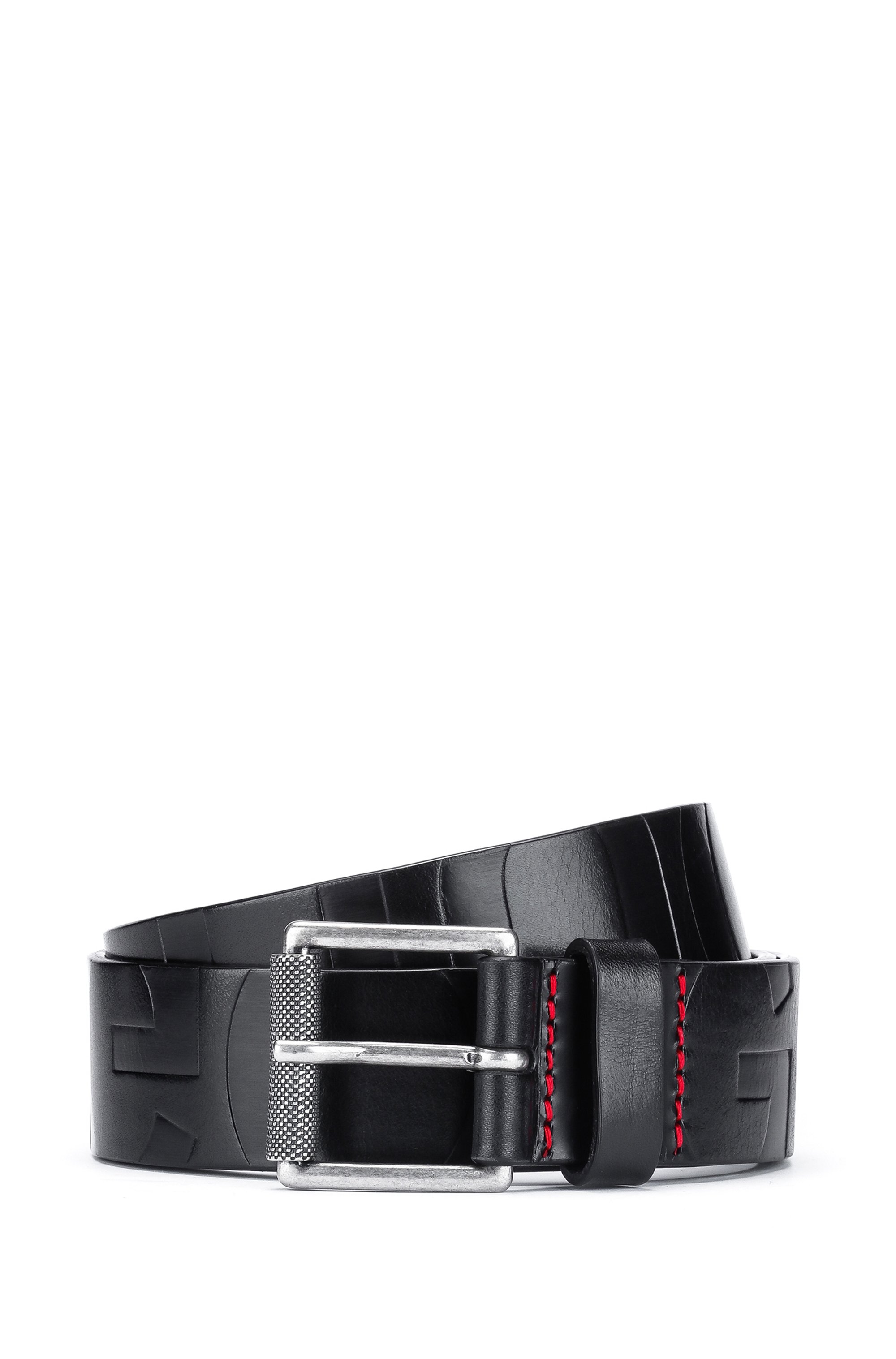 Cinturón de piel italiana con logos grabados, Negro