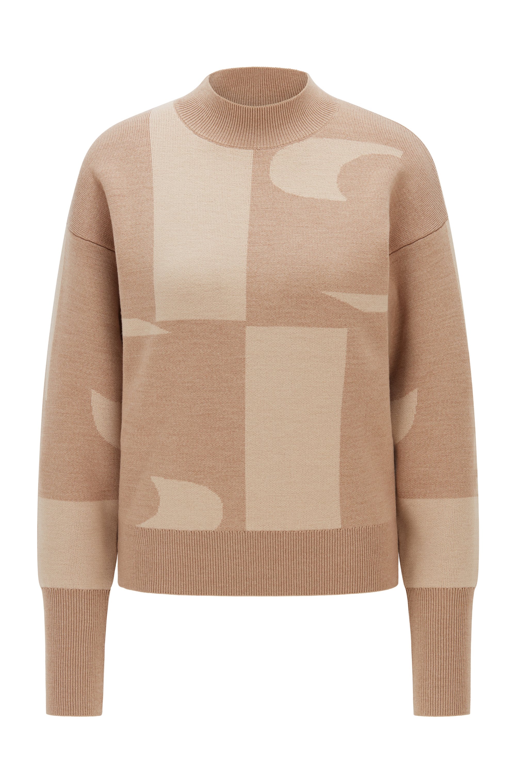 Virgin-wool sweater with large-scale logo jacquard, Beige Patterned