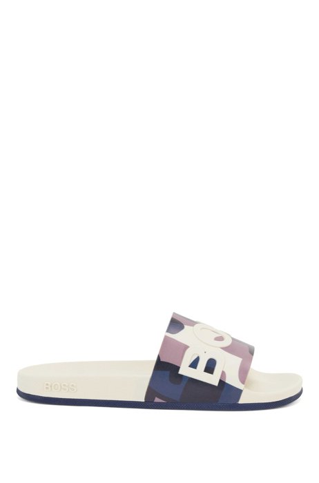 Italian-made slides with camouflage print and logo, Light Beige