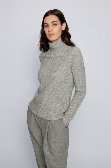 Ribbed sweater with high neckline in regular fit, Silver