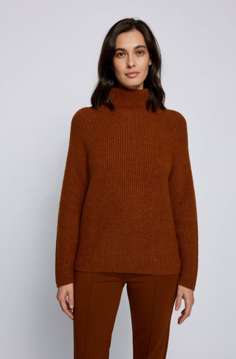Ribbed sweater with high neckline in regular fit, Brown