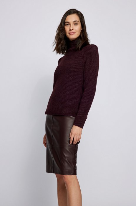 Ribbed sweater with high neckline in regular fit, Dark Red