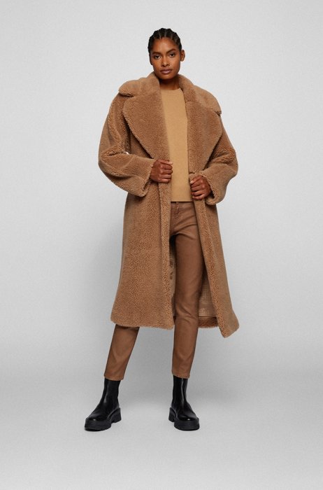 Oversized-fit teddy coat with tie-up belt, Light Brown