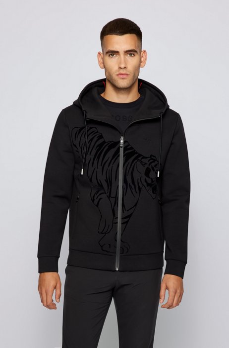 Zip-up hooded sweatshirt with flock-print tiger artwork, Black