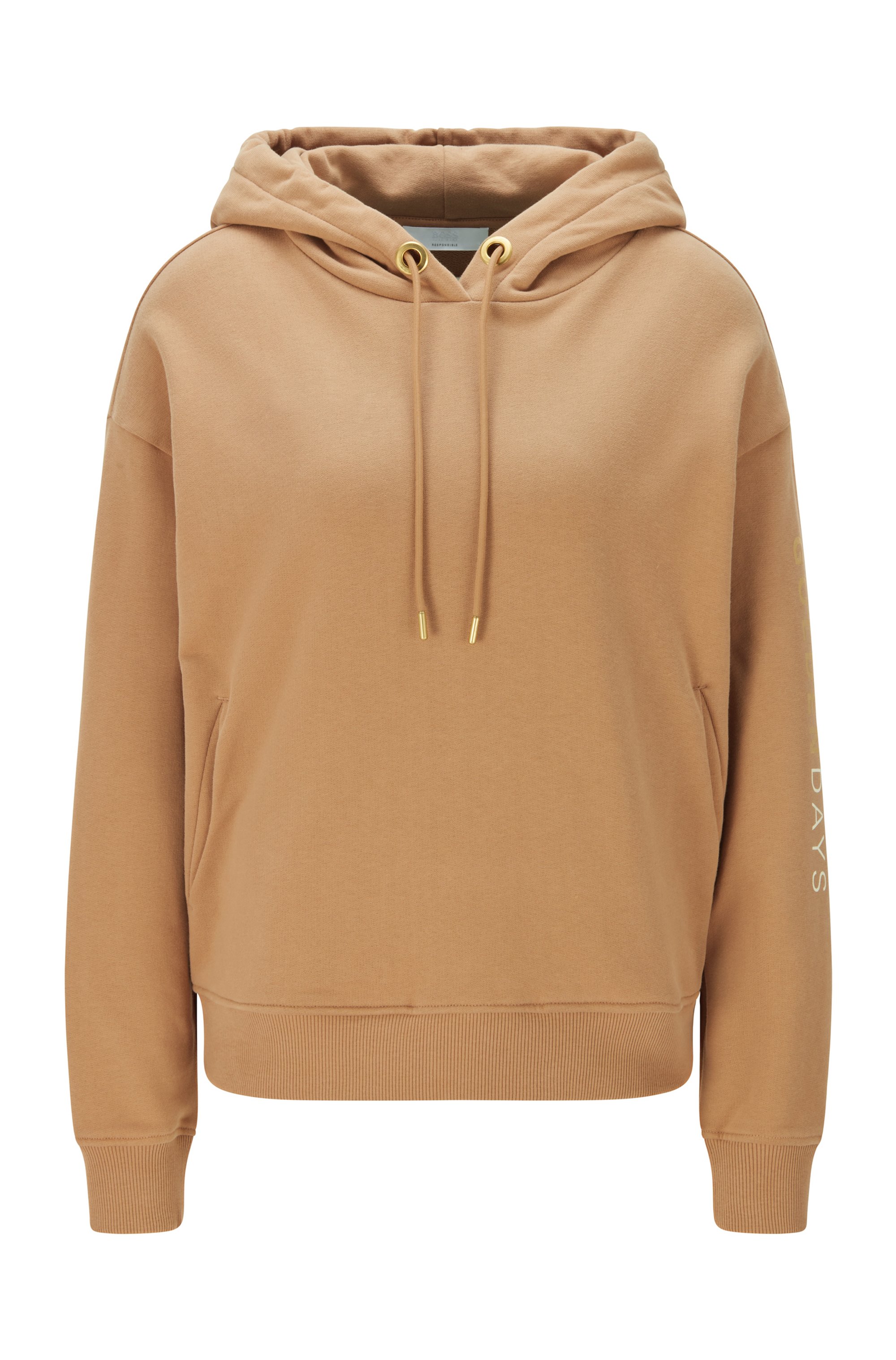 Golden-logo hooded sweatshirt in an organic-cotton blend, Light Brown
