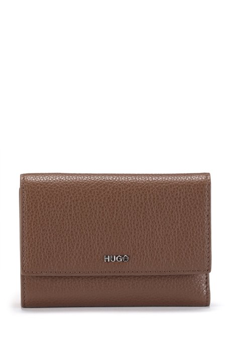 Grained-leather wallet with metallic logo lettering, Brown