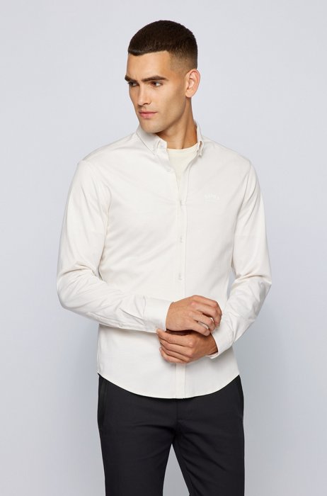 Regular-fit overhemd van katoenpiqué met logo, Wit
