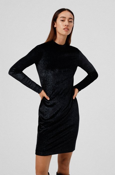 Glitter-velvet dress with rear cutout, Black