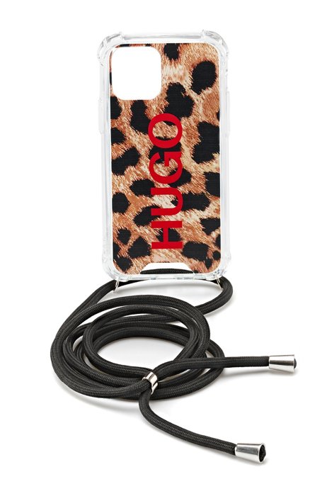 Leopard-print phone case with rope strap and logo, Patterned