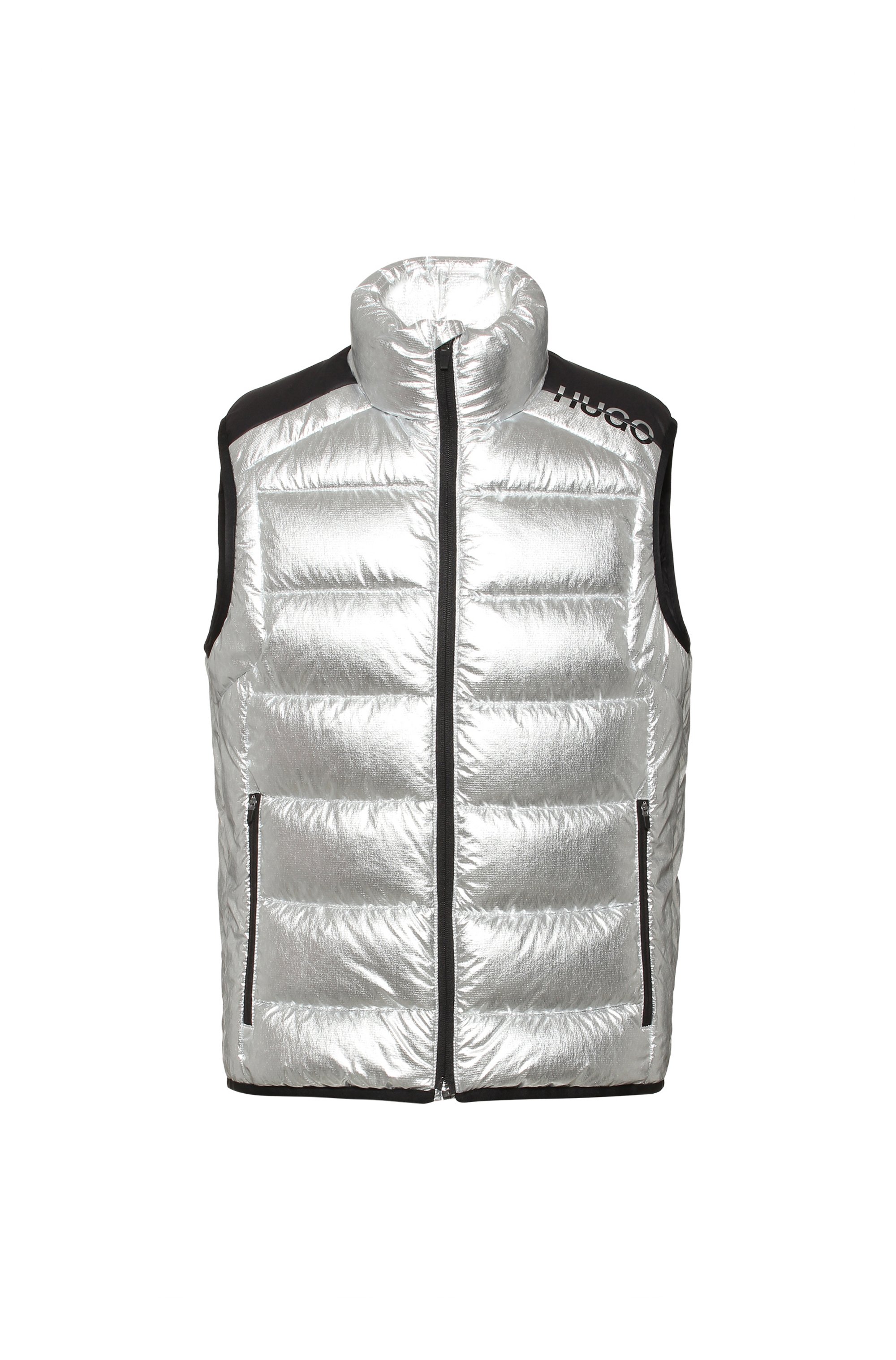Slim-fit gilet in iridescent fabric with split logo, Silver
