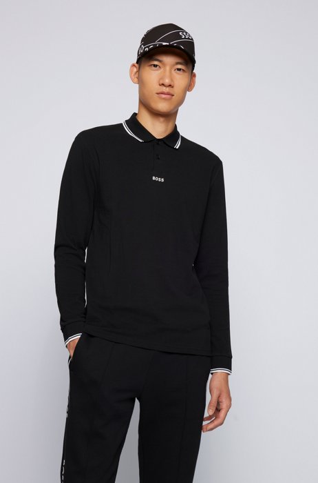 Long-sleeved polo shirt in cotton with logo print, Black