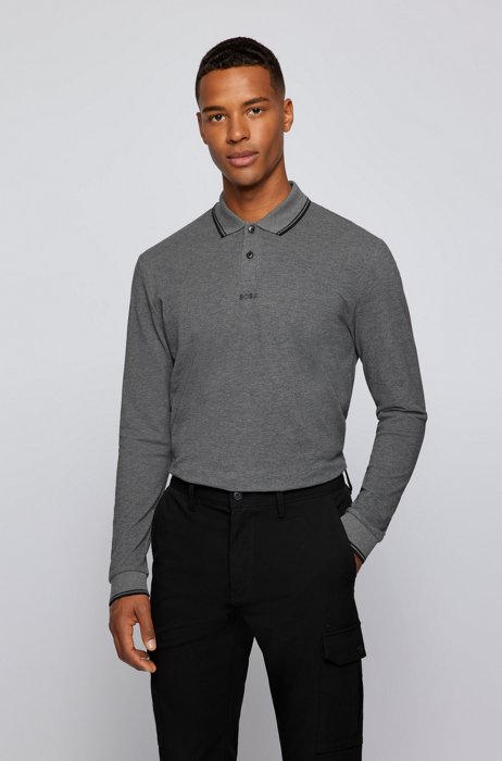 Long-sleeved polo shirt in cotton with logo print, Grey