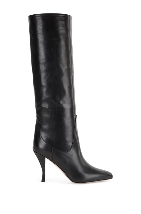 Italian-leather knee-high boots with curved heel, Black
