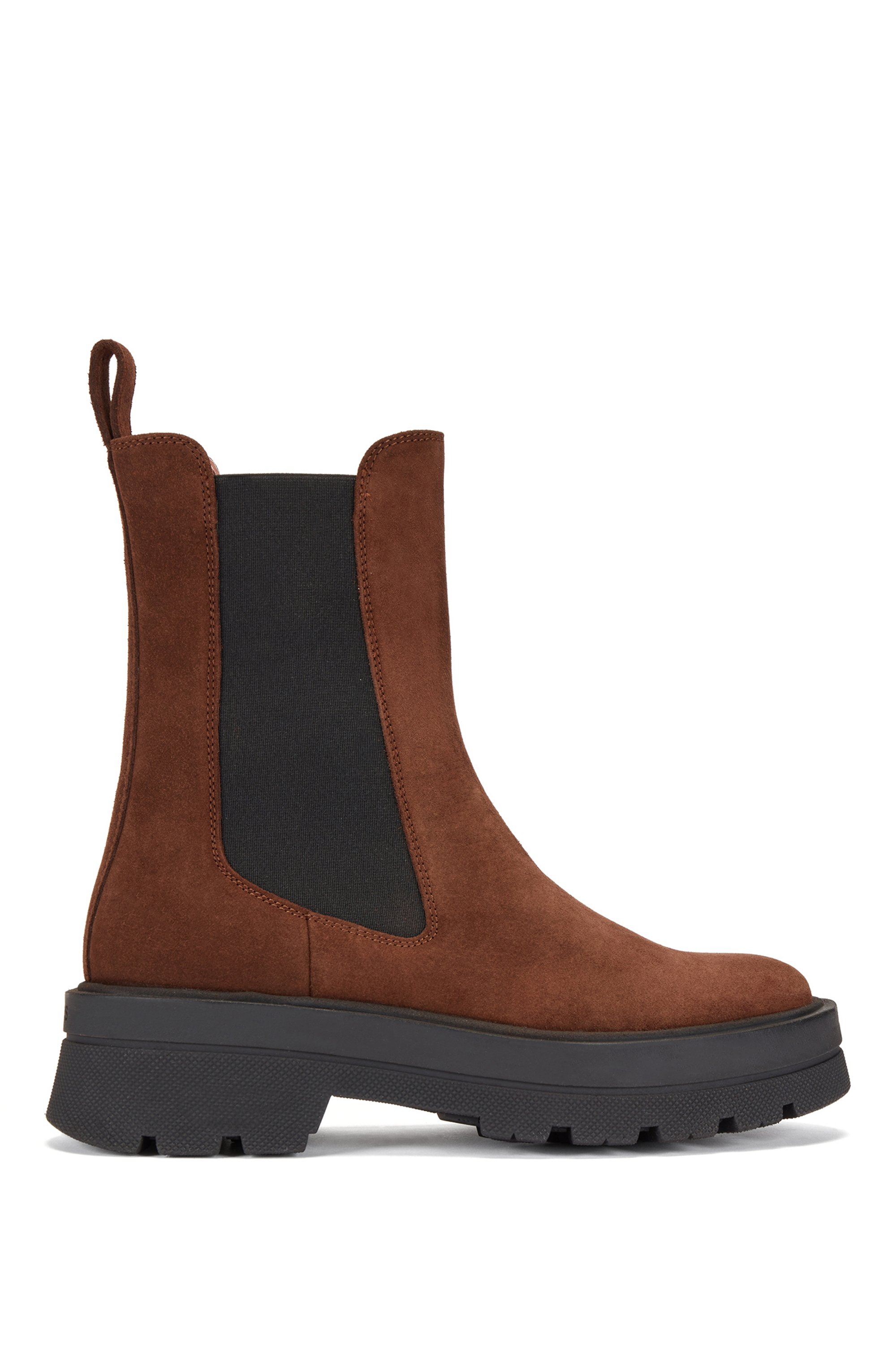 Italian-made Chelsea boots in suede with lug sole, Dark Brown