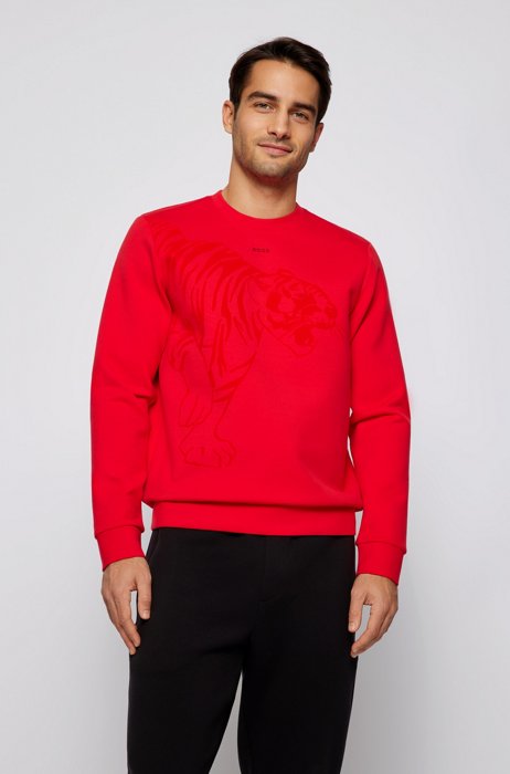 Relaxed-fit jersey sweatshirt with flock-print tiger artwork, Red