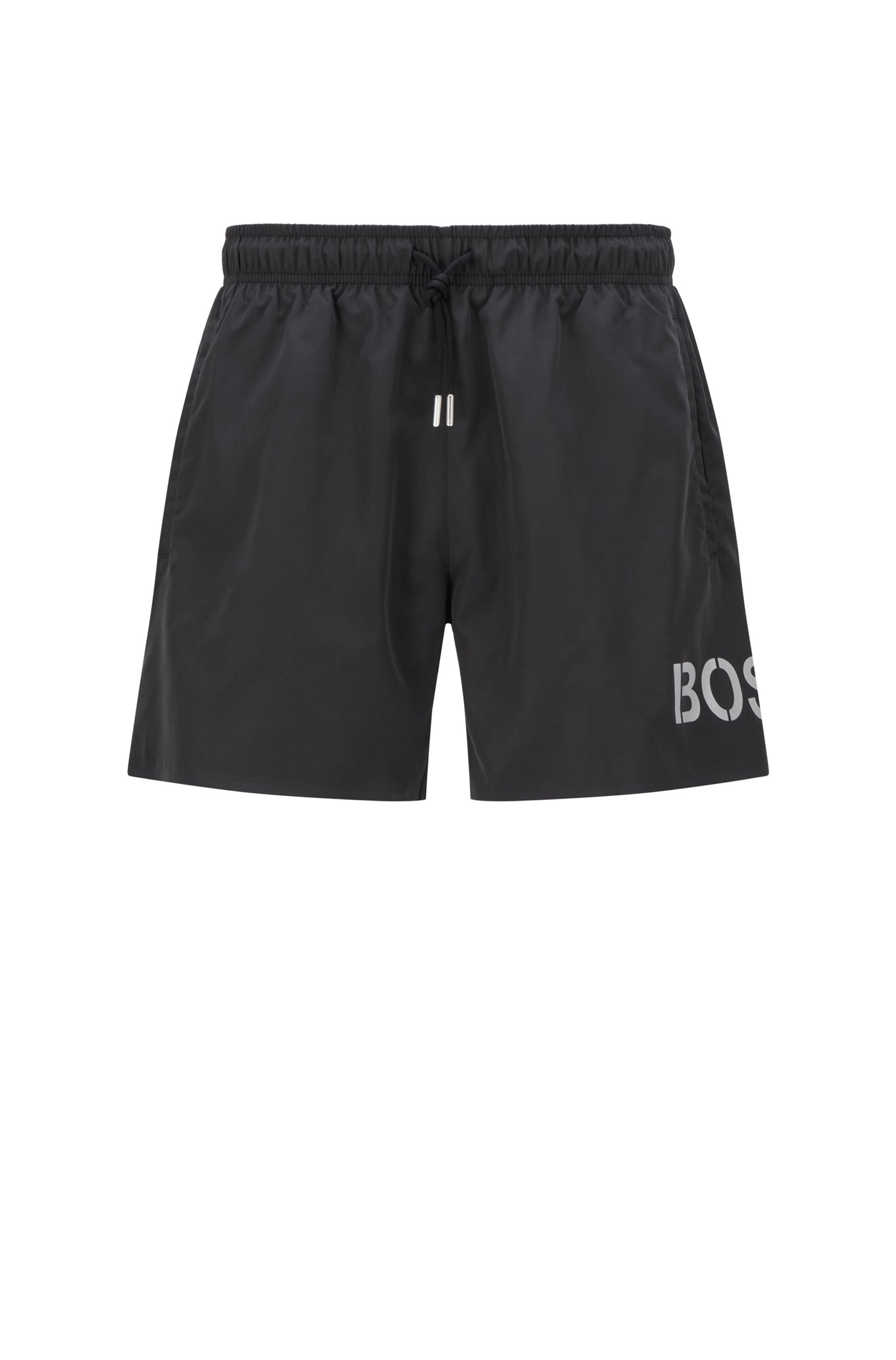 Recycled-fabric quick-drying swim shorts with metallic logo, Black