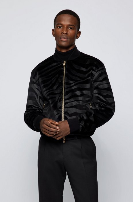 Regular-fit bomber jacket in tiger-pattern velvet, Black