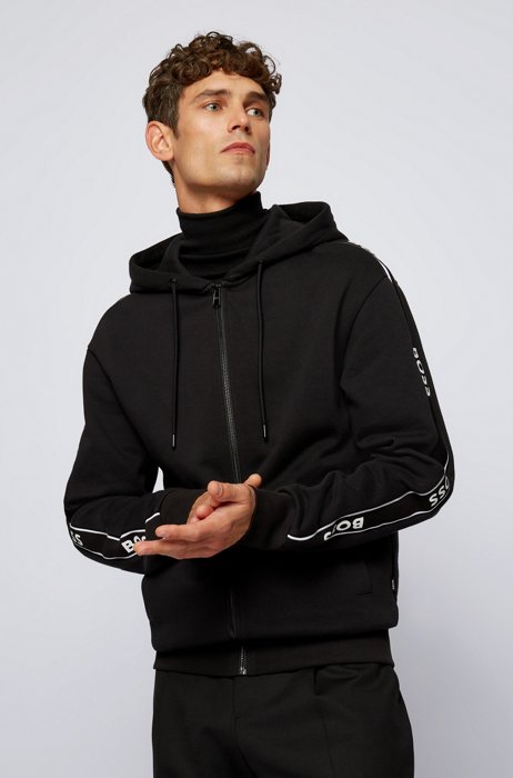 Cotton-blend zip-up hoodie with logo tape sleeves, Black