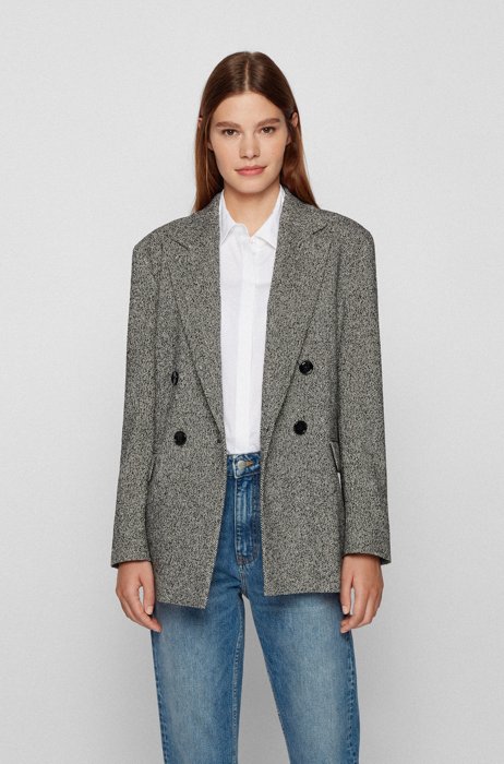 Double-breasted relaxed-fit jacket with herringbone weave, Grey