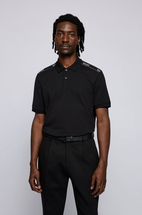 Mercerised-cotton polo shirt with logo-tape details, Black