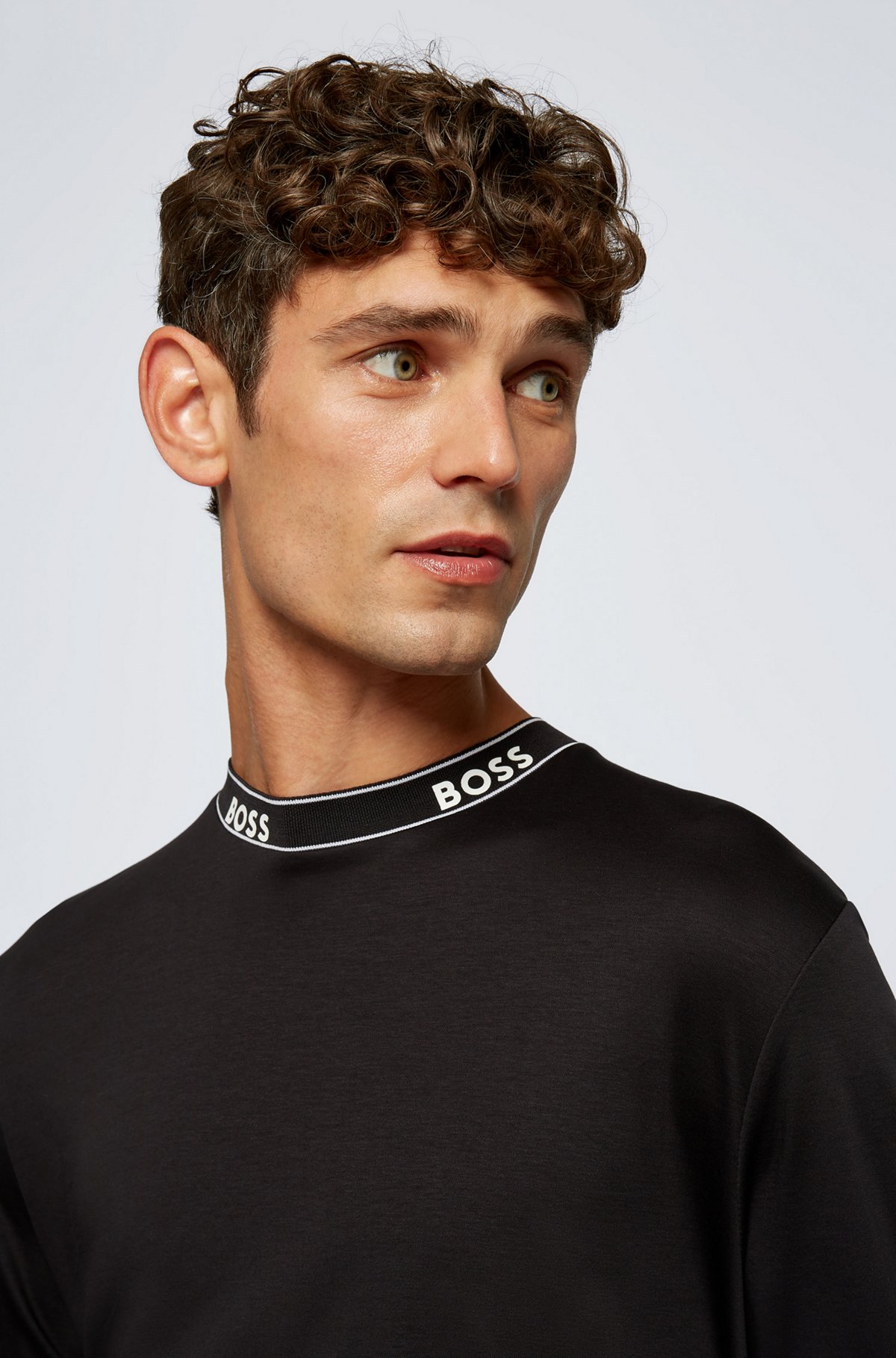 Mercerised-cotton T-shirt with repeat-logo collar, Black