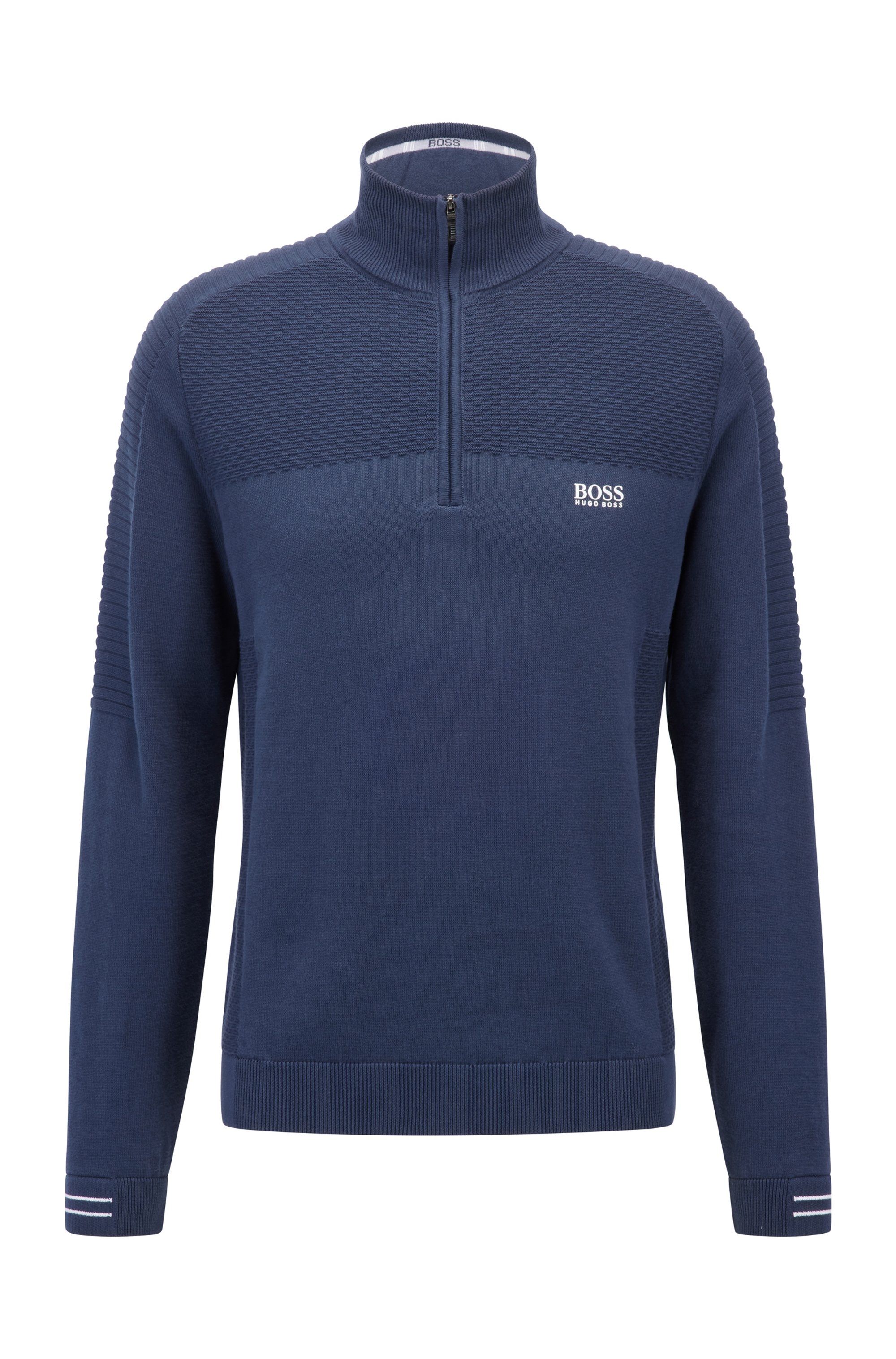 Zip-neck sweater in organic cotton with mixed structures, Dark Blue