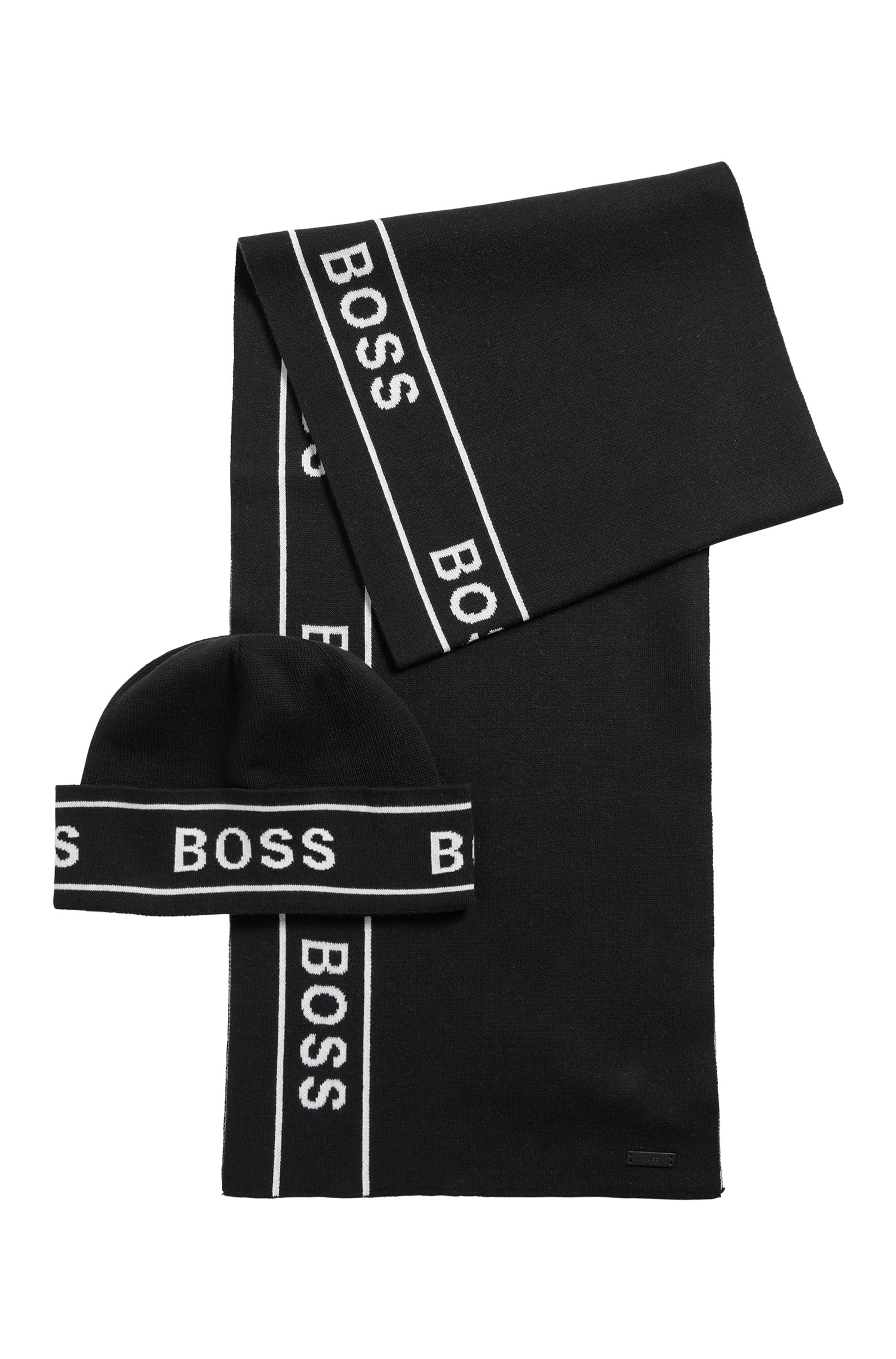 Gift-boxed hat and scarf set with logo artwork, Black