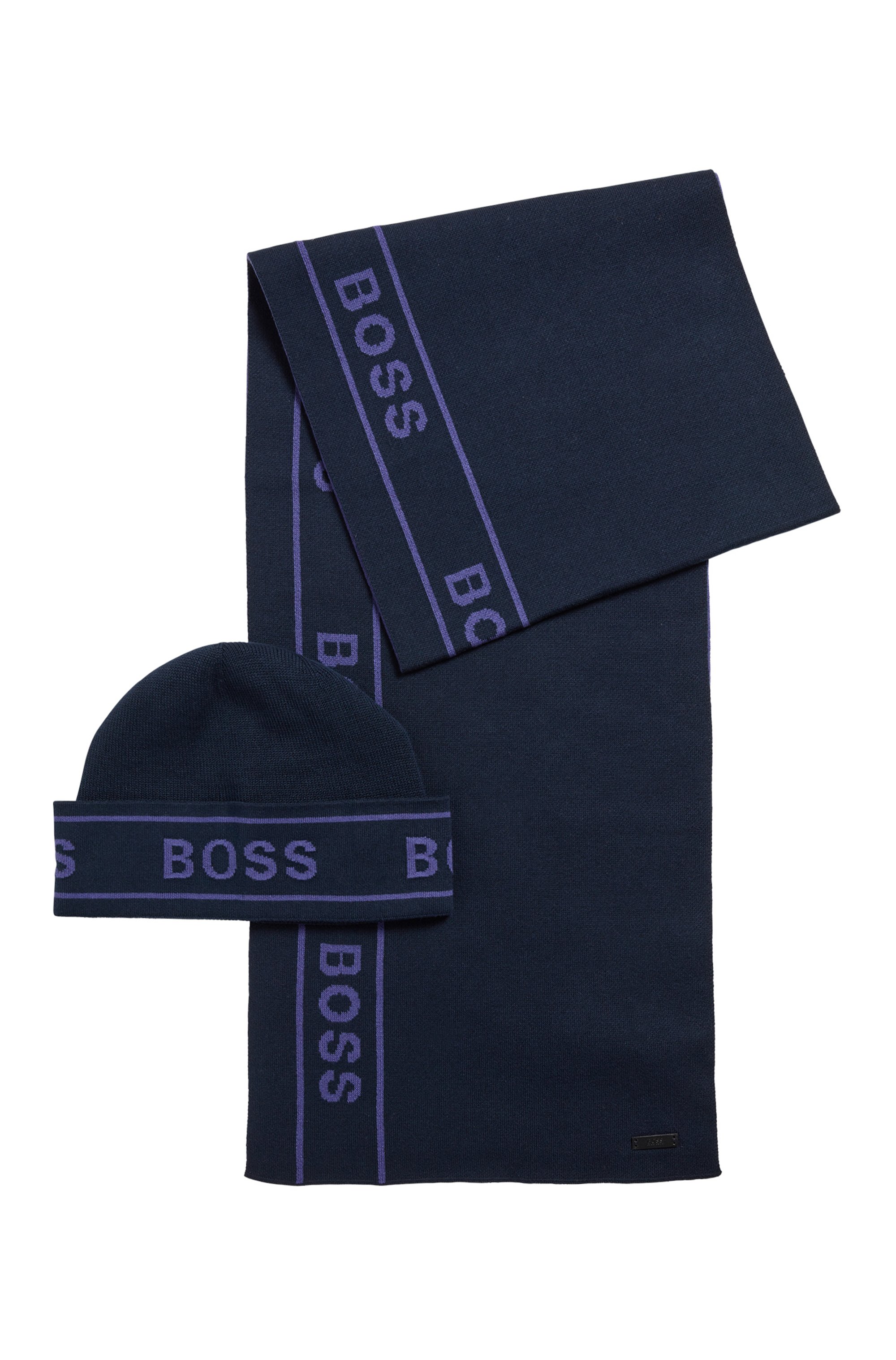 Set con cappello e sciarpa con grafica con logo in confezione regalo, Blu scuro