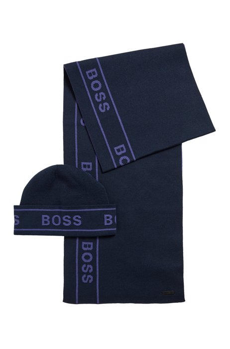 Комплект из шапки и шарфа с рисунком логотипа в подарочной коробке, Темно-синий