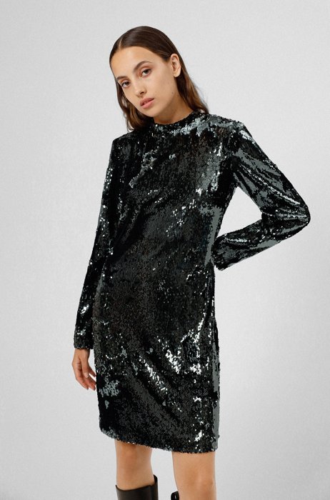 Long-sleeved sequin dress with rear cutout, Black