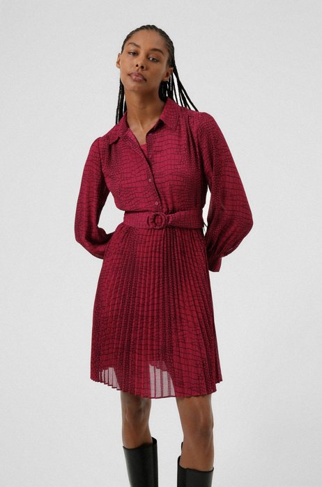 Crocodile-print dress with belted waist and point collar, Patterned