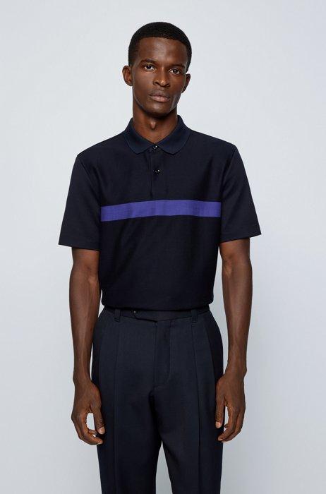 Mercerised-cotton polo shirt with structured stripe, Dark Blue