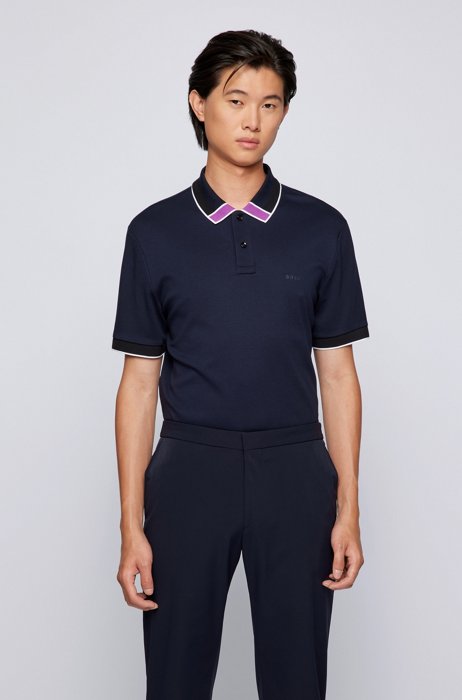 Interlock-cotton polo shirt with color-blocked collar, Dark Blue
