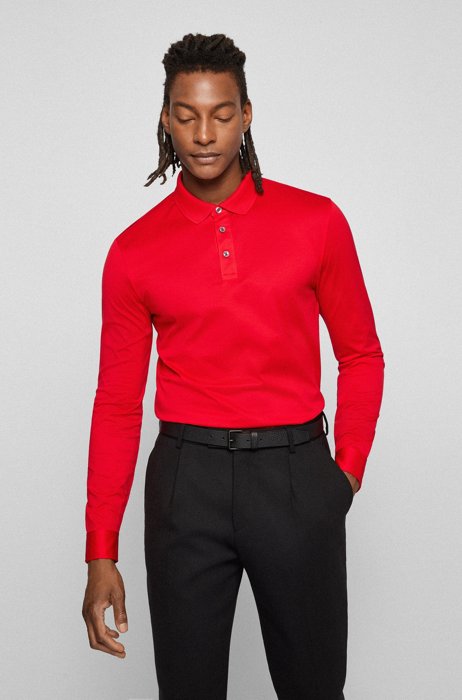 Long-sleeved polo shirt in mercerised cotton, Red
