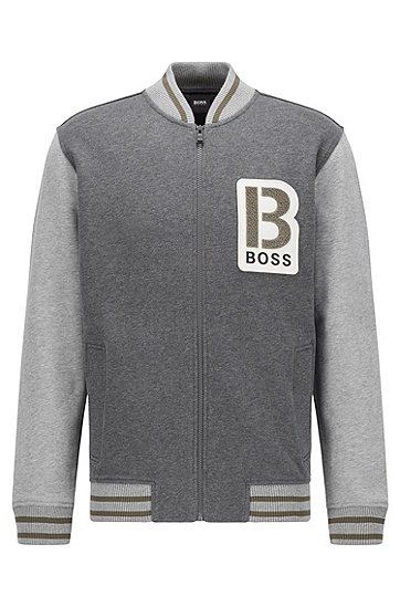 饰有品牌贴标宽松版型棒球夹克外套,  030_Medium Grey