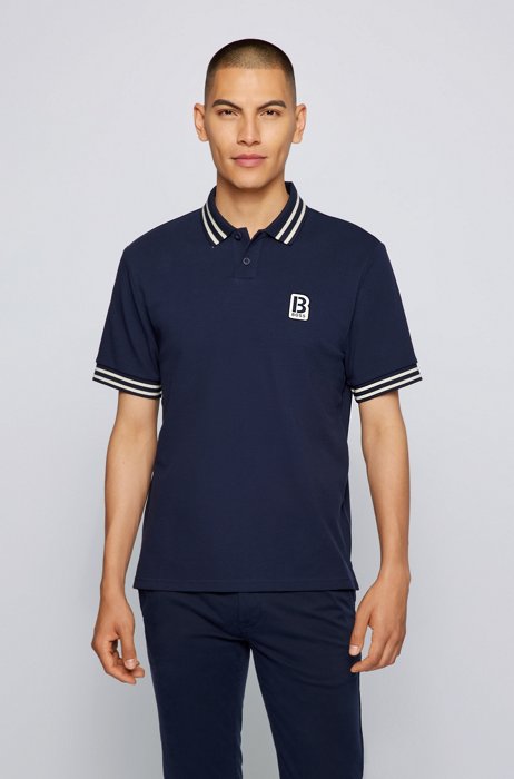 Cotton-piqué polo shirt with logo patch, Dark Blue