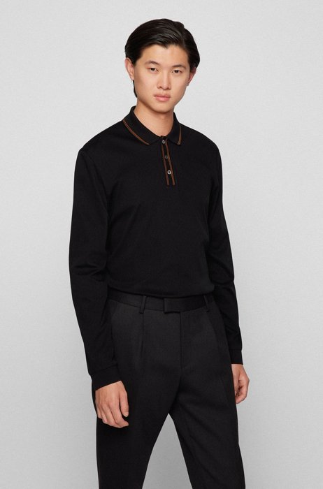 Stripe-trim polo shirt in mercerised Italian cotton, Black