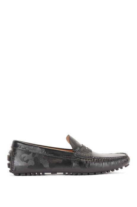 Penny-trim moccasins in leather with camouflage print, Black