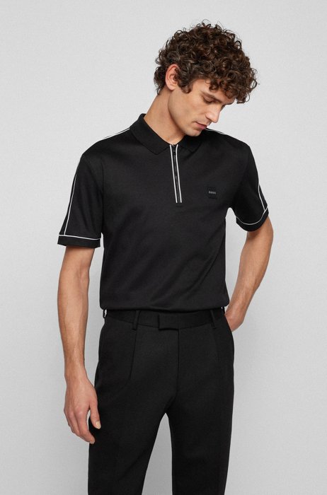 Zip-neck polo shirt in cotton with piped trims, Black