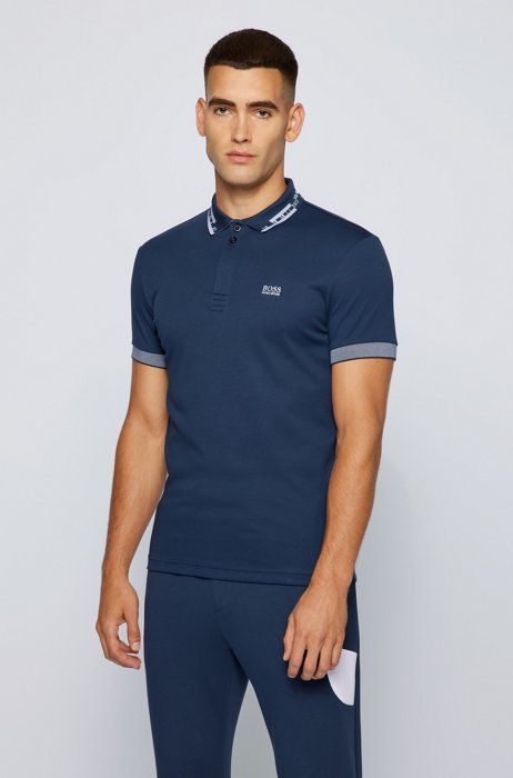 Regular-fit polo shirt in cotton with patterned collar, Dark Blue