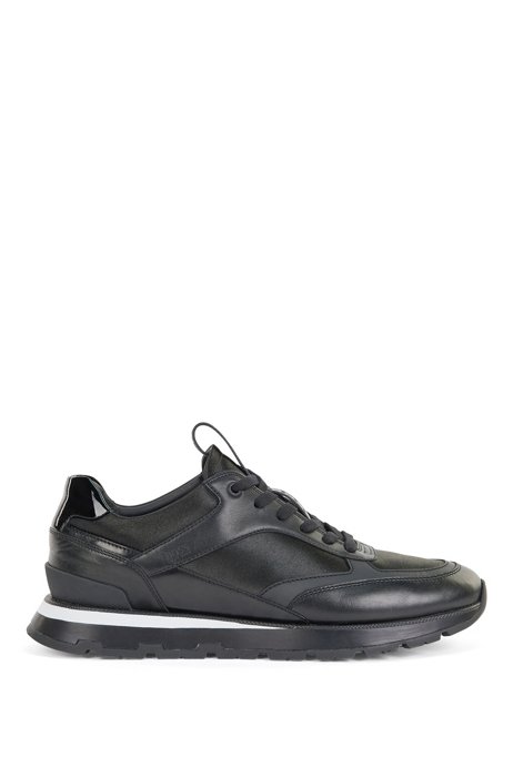 Branded-tape trainers in leather and satin, Black