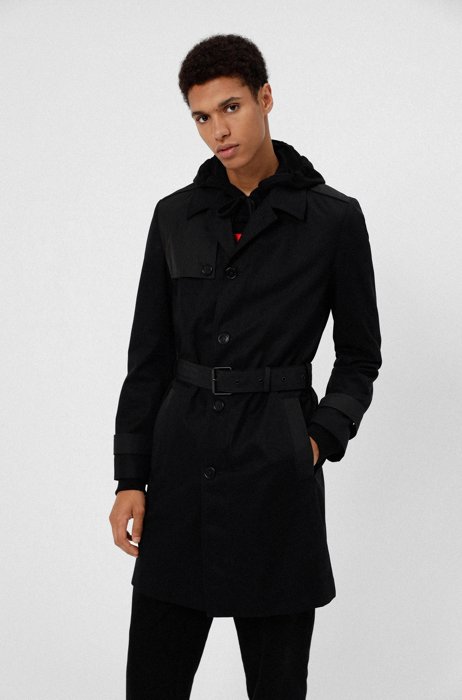 Slim-fit trench coat with belted closure, Black