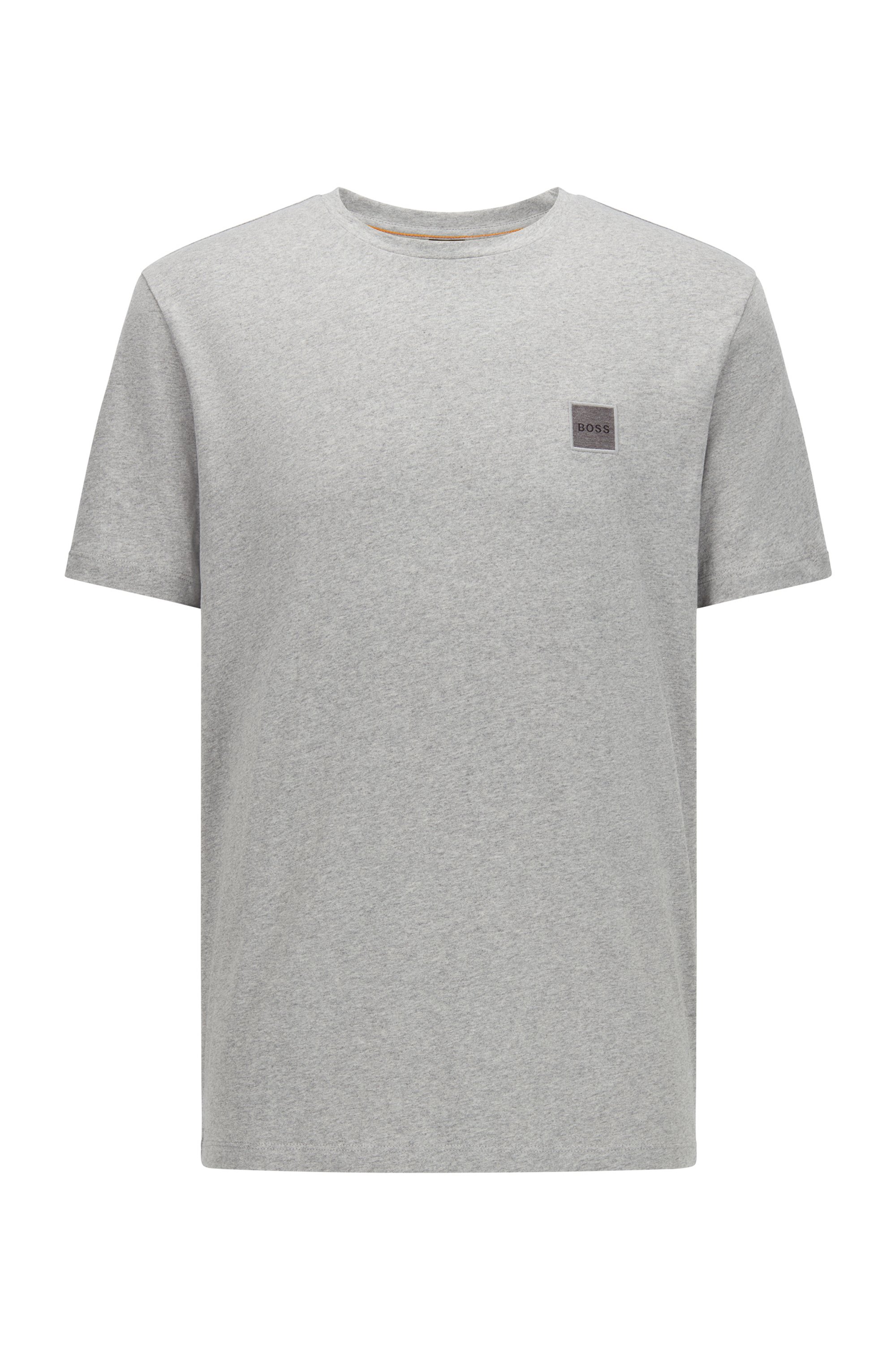 T-shirt en coton biologique à col rond et patch logo, Gris chiné