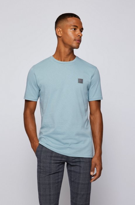 T-shirt en coton biologique à col rond et patch logo, bleu clair