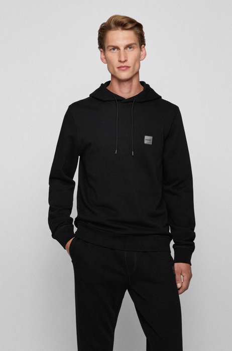 Hooded sweatshirt in French terry with melange logo patch, Black