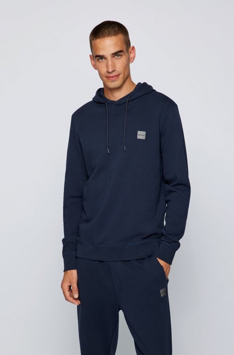 Hooded sweatshirt in French terry with melange logo patch, Dark Blue