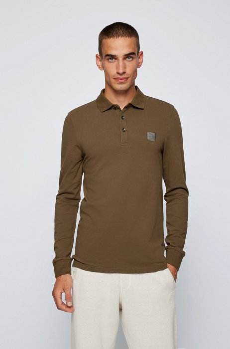 Slim-fit long-sleeved polo shirt with logo badge, Brown