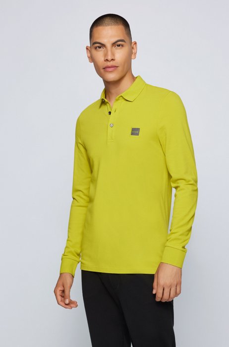 Slim-fit long-sleeved polo shirt with logo badge, Yellow